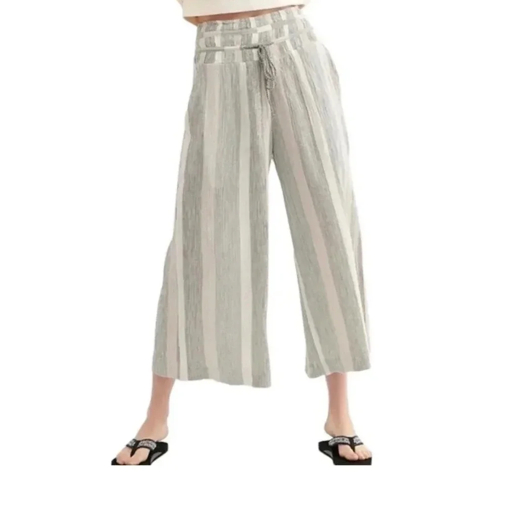 Free People Wide Leg Palazzo Pants Cotton Natural Fibers Striped Capris Beach S